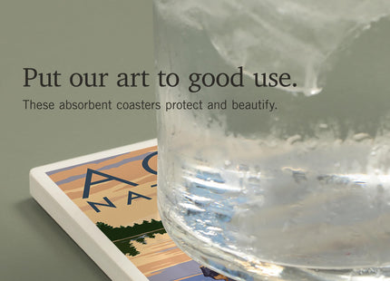 Lantern Press Acadia National Park, Maine, Celebrating 100 Years, Jordan Pond (Absorbent Ceramic Coaster, Single, Cork Back, Kitchen Table Decor)