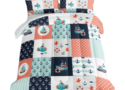 HOSIMA Nautical Bedding Set,Plaid Patchwork Pattern Hand Painted Seaplane,Boat and Anchor Comforter for Boys Kids Girls Bedroom Decor,Sea Adventure Theme Twin Comforter with 2 Pillowcases.
