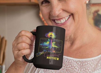 Connecticut Souvenir Coffee Mug With Custom Name, Personalized State Outline Black Cup, Colorful Lighthouse Design Mug, Customized Scenic Ceramic Cup 11oz 15oz, Gift For Travelers