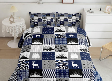 Elk Deer Bear Comforter Set Full Blue Camouflage Quilt for Boys Girls,Woodland Wild Animals Bedding Set Reindeer Camo Patchwork Duvet Insert,Retro Lodge Cabin Country Farmhouse Decor