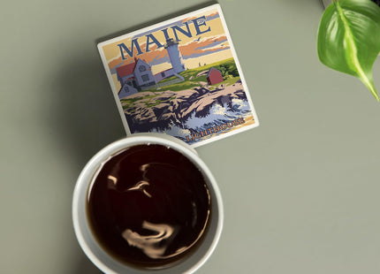 Lantern Press York, Maine, Nubble Lighthouse (Absorbent Ceramic Coaster, Single, Cork Back, Kitchen Table Decor)