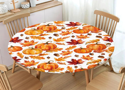 Fall Round Fitted Tablecloth with Elastic Edge,Waterproof Orange Autumn Pumpkin Maple Leaf Harvest Acorn Table Cover for 40-44" Stretch Thanksgiving Table Cloth for Dinner Indoor Outdoor Party Patio