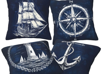 Nautical Lighthouse Pillows Cover Set of 4, Sailing Boat Anchor Compass Blue Throw Pillow Covers, Costal Ocean Theme Decorative Pillowcases, Outdoor Cushion Case for Couch Sofa Home Decor 16x16 Inch