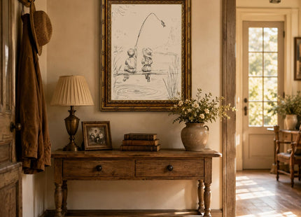 Vintage Gold Framed Wall Art, child Fishing Sketch Canvas Print, 16x12 In