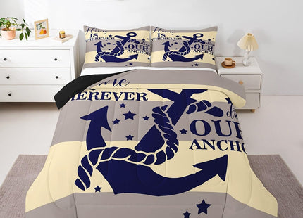 Nautical Bedding Sets Queen For Teen Boys Kids Navy Blue Anchor Comforter Set Retro Yellow and Grey Geometric Stripe Comforter Coastal Ocean Beach Quilts Bedding Summer Soft Lightweight Duvet 3 Pcs