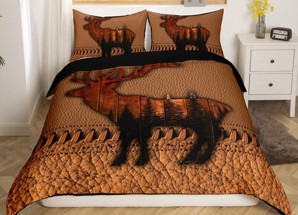 Erosebridal Deer Twin Comforter Cover Brown Patchwork Cowhide Bedding Sets Hunting Woodland Animal Duvet Cover for Teen Boys Men,Wildlife Antler Bedspread Cover with 1 Pillow Case