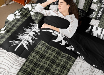 Erosebridal 7Pc Rustic Cabin Bear Queen Comforter Set with Sheets, Hunting Wolf Country Bedding Sets, Camping RV Camper Patchwork Quilts, Green Black Buffalo Plaid Bed in a Bag (Fitted + Flat Sheet)