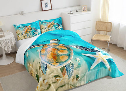Erosebridal Sea Comforter Set King Ocean Animal Bedding Set for Kids Teen Adults, Aqua Blue Sea Turtle Bedding Comforters & Sets Psychedelic Starfish Seashell Duvet Set, Teal Ombre Quilt Set Soft 3pcs