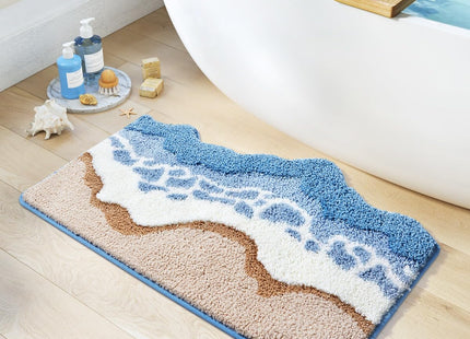 MGULEEYI Blue Ocean Wave Bath Mat, Cute Funky Bathroom Rugs for Coastal Beach Nautical Themed Decor, Trendy Tufted Shower Mats 30"x 20"