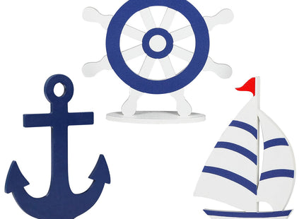 COCHIE Wooden Anchor Nautical Decorations Set of 3, Double-Sided Summer Nautical Tiered Tray Decor, Wood Cruise Anchors Sign for Tabletop, Home, Office, Desk, Shelf, Party Decoration (Sailboat)