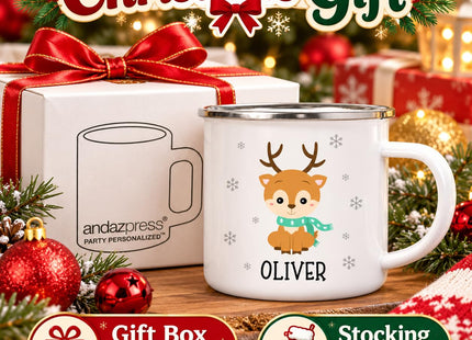 Andaz Press Kids Personalized Cute Snowflake Christmas Animals 11oz. Stainless Steel Campfire Hot Chocolate Mug, Baby Reindeer Custom Name 1-Pack, For Children, Christmas Ideas Xmas Campfire Mugs