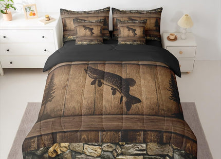 Erosebridal 7 Pieces Kids Camo Pike Fish Comforter Set for Teens Adults - Queen Size Rustic Hunting and Fishing Bedding Set Country Farmhouse Cabin Bed in A Bag Rural Woodland Wild Animal Quilt Sets