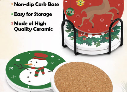 Christmas Coasters with Metal Holder Idea Round Absorbent Ceramic Stone Coasters Winter Holidays Christmas Tree Reindeer Santa Joy Snowman Gingerbread Cup Place Mat 4 Inches