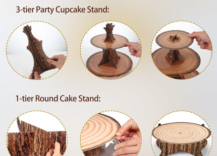MTRSOCHO 4-Pack Woodland Cupcake Stand Woodland Baby Shower Decorations 3 Tier Wood Cupcake Stand for Camping, Birthday, Safari Party Supplies