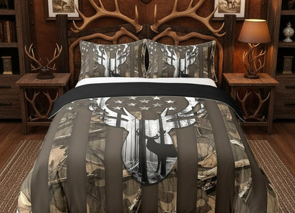 American Flag Stars Stripes Duvet Cover Set 100% Natural Cotton,Camo Hunting Deer Animal Camping Comforter Cover Set Twin with 1 Pillowcase,Brown Camo Grey Antlers Leaves Bedding Comforter Cover