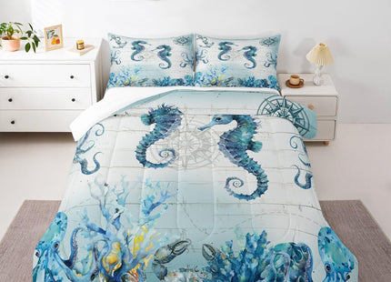 Manfei Hippocampus Comforter Set Twin Size, Sea Turtle Seahorse Octopus Quilt Set with 1 Pillowcase, Nautical Anchor Compass Bedding Set 2pcs for Kids Boy Girls Marine Life Duvet Insert