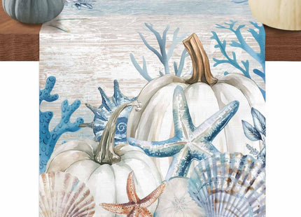 Boanket Blue Coastal Fall Table Runner - 36 Inch Long, Thanksgiving Pumpkins Kitchen Dining Table Runner Dresser Scarves, Starfish Coral Farmhouse Decor for Coffee Tables Wedding Party Banquet