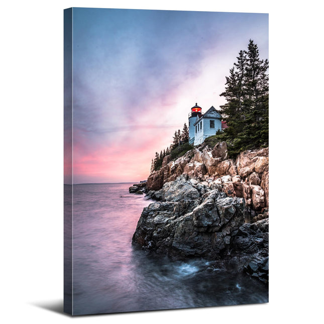 Lighthouse Wall Art Coastal Wall Decor Bass Harbor Beach Seascape Bathroom Decor Acadia National Park Poster Sunset Nautical Ocean Landscape Canvas Artwork Living Room Office Home Decoration 12x16"