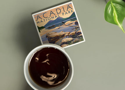 Lantern Press Acadia National Park, Maine, Celebrating 100 Years, Jordan Pond (Absorbent Ceramic Coaster, Single, Cork Back, Kitchen Table Decor)