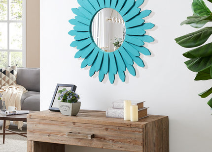 Honiway Beach Wall Decor Mirror 21 inch Wood Coastal Wall Decor Sunburst Boho Home Decor Room Decor for Bedroom Living Room Entryway Cyan
