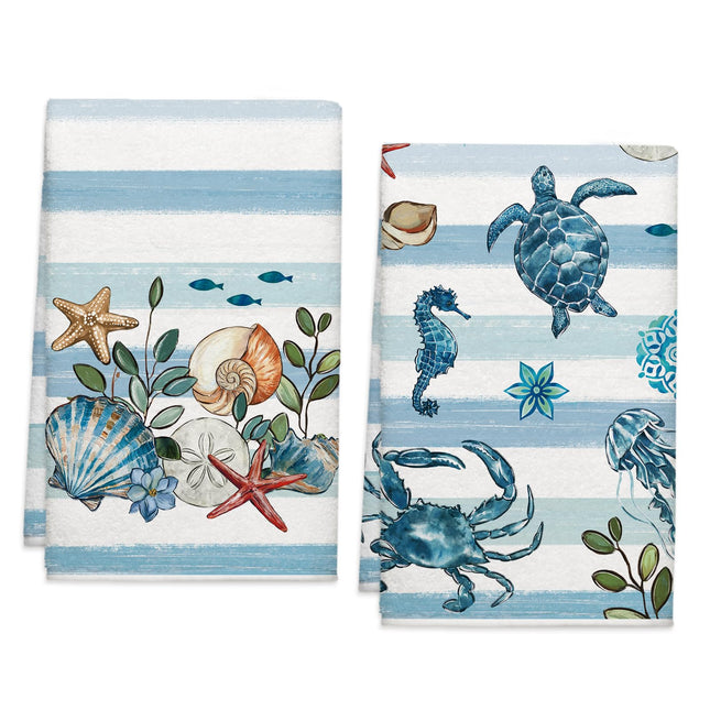Cloudfomila Summer Ocean Beach Kitchen Towels, Blue Sea Turtles Starfish Dish Towels Set of 2, Spring Shells Coastal 18 x 26 Inch Hand Towel Quick Drying Dishcloth Decor for Kitchen Bathroom Home