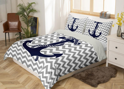 Nautical Anchor Duvet Cover Twin Size,Geometric Gray Stripe Bedding Set 2pcs for Kids Teens Adults Room Decor,Ocean Adventure Themed Comforter Cover Modern Abstract Quilt Cover,1 Pillowcase