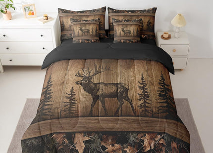 Erosebridal Camo Moose Bed in A Bag 7 Piece Rustic Tree Camouflage Bedding Set Twin Woodland Hunting Animal Comforter Set with Sheets for Kids Adults Farmhouse Wood Board Pine Tree Wildlife Bed Set