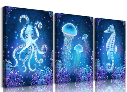 blue Ocean Life Theme Canvas Prints Wall Art Paintings for Living Room Wall Artworks Sea Animal sea horse Octopus jellyfish Pictures Bedroom Decorations 3 Panels Home bathroom Wall decor posters