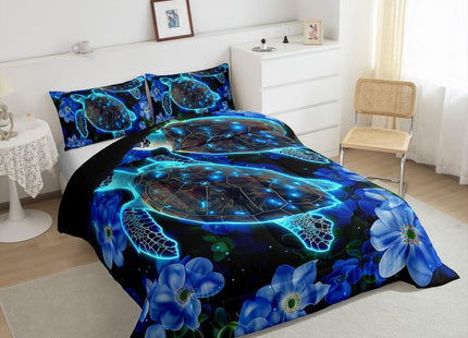 Glowing Teal Sea Turtle Down Comforter Blue Flowers Ocean Bedding Set Twin for Kids Child,Marine Life Reptile Comforter Set Coastal Creature Bed Quilt Botanical Floral Leaves Bedroom Decor