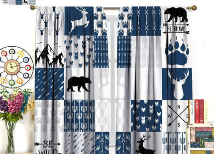 INSFBRB Rustic Deer Bear Blackout Curtains,Retro Cabin Hunting Theme Forest Wildlife Blue Plaid Check Window Drapes - Thermal Insulated and Noise Reduction,2 Panels 45L x 21W Room Darkening Curtains