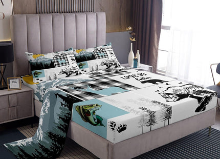 Cabin Bear Deer Bedding Sets Full,Hunting Fishing Bass Fish Bed Sheets Rustic Farmhouse Buffalo Check Plaid Sheet Set For Boys Adults Men,Wild Animal Fitted Sheet Grey Blue Flat Sheet 2 Pillow Cases
