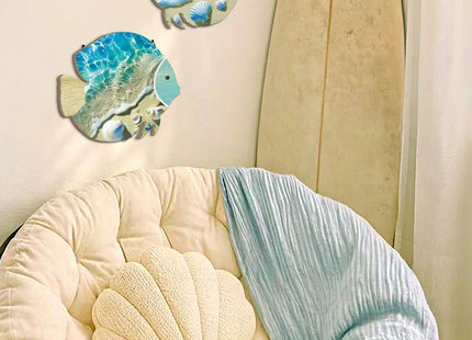 Putuo Decor 2PC Coastal Fish Wall Decor, MDF Nautical Hanging Decor with Metal Hook, Ocean Themed Wall Art Set for Bathroom, Lake House, Seaside Living Space(Ocean Beach Shells)