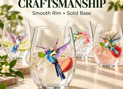 Hummingbird Stemless Wine Glasses Set of 4, Hummingbird Lovers Gifts for Women, Bird and Outdoor Lovers, 15oz Wine Glasses Gifts for Women, Floral Garden Lovers, Forest Birds Hummingbird Decor