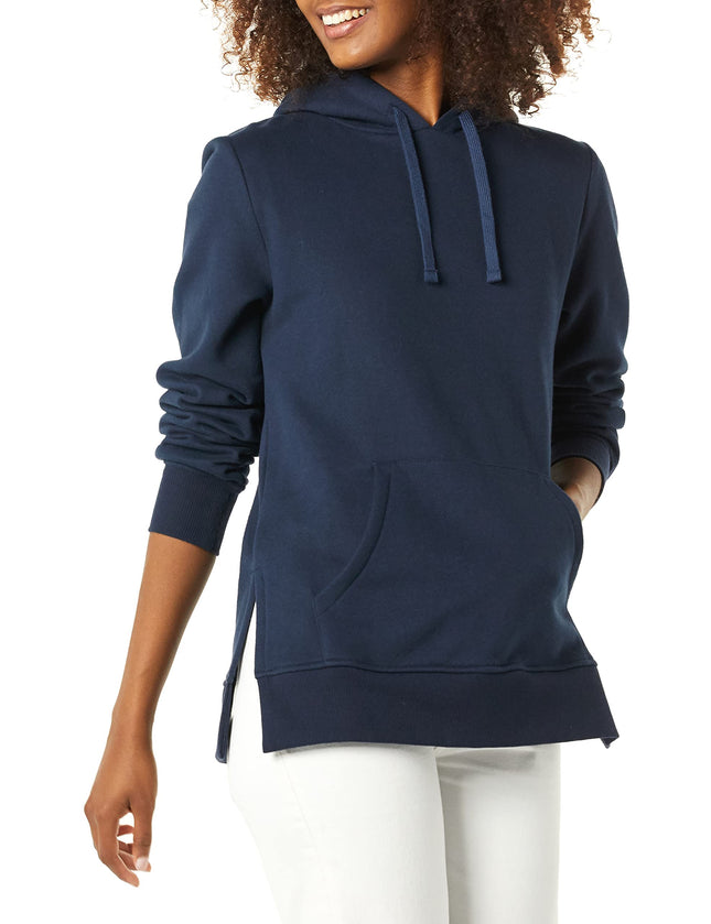 Amazon Essentials Women's Fleece Hooded Tunic Sweatshirt with Kangaroo Pocket and Side Slits, Navy, Small
