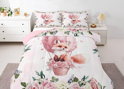 Cute Fox Kids Comforter Set Twin Size,Hot Air Balloon Rose Flowers Princess Romantic Bedding Set,Girls Women Room Decor,Forest Animal Leaves Down Comforter,Pink Dreamy Duvet Insert,1 Pillowcase