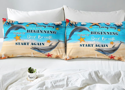 Dolphin Fitted Sheet Nautical Sea Bedding Set Full Size,Hawaiian Ocean Beach Theme Bed Sheets for Boys Girls,Underwater World Marine Life Conch Shells Starfish Cute Dolphin Bed Cover