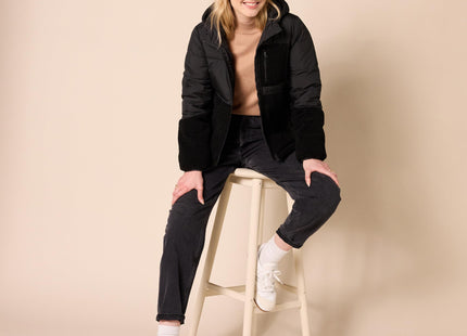 Amazon Essentials Women's Full-Zip Sherpa Fleece Hooded Puffer Jacket, Black, Large