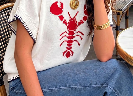 Womens Lobster Sweater Vest Casual Crawfish Knit Shirts Tops White Red XL