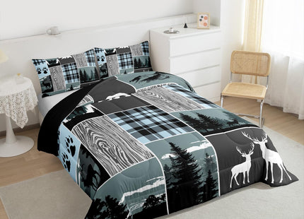 Plaid Bear Cabin Comforter Set, Rustic Farmhouse Camper Bedding Set Full, Gray Blue Hunting Christmas Deer Duvet Insert Woodland Lodge Wild Animal Quilt Sets For Kids Boys Teens Adult Bedroom
