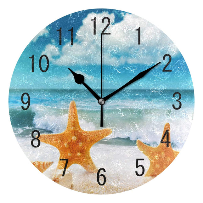 ALAZA Home Decor Seashell Starfish Sea Wave Ocean Round Acrylic 9.84 Inch Wall Clock Non Ticking Silent Clock Art for Living Room Kitchen Bedroom