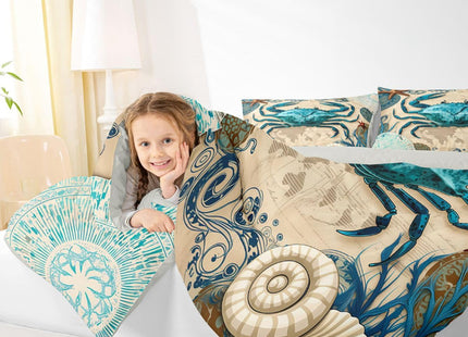 Sea Beach Theme Comforter Set Kids Beach Crabs Print Queen Bedding 3D Sea Animal Crab Luxury Microfiber Quilted Duvet Set with 2 Pillowcases,Soft Lightweight Marine Life Decorative Bedding Soft Fluffy