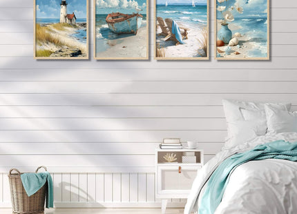 4Pcs Blue Coastal Wall Art Ocean Bathroom Wall Decor Pictures Lighthouse Boat Chair Flower Canvas Poster Prints for Bedroom Bathroom Home Office Decoration Unframed