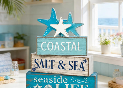 4 Pcs Summer Beach Table Decor Starfish & Seashell Coastal Nautical Wooden Block Signs, Rustic Farmhouse Tiered Tray Decorations for Home Bathroom Office Desk Shelf Mantel