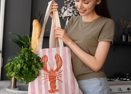 LZYRF Red Lobster Coastal Beach Tote Bag, Lobster Gifts Canvas Tote Bags for Women, Gifts for a Beach Lover, Pink Striped Crawfish Beachy Reusable Grocery Shopping Bag