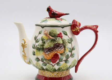 Fine Ceramic Evergreen Holiday Red Cardinal with Pine Cones Teapot, 8-1/8" L
