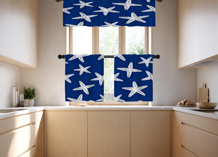 BaoNews Coastal Nautical Blackout Kitchen Curtain, Abstract Seamless Pattern with Starfish On Blue Background Window Treatment Rod Pocket Light Filtering Bathroom Short Valance 2 Pack 52X18 Inches