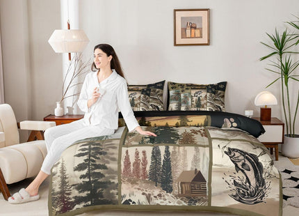Feelyou Fish Comforter Set with Sheets 7 Piece Queen Size Hunting Fishing