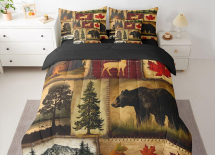 Erosebridal Rustic Farmhouse Comforter Set 7 Pcs Twin,Retro Cabin Lodge Down Comforter,Hunting Bear Deer Bed in a Bag,Country Maple Leaves Duvet Insert,Rustic Woodland Pine Tree Sheets,Red Brown