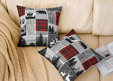Rustic Deer Pillow Covers for Bed Sofa, Hunting Bear Moose Throw Pillow Covers 20x20 Pack of 2, Country Wild Animal Cushion Covers, Plaid Grid Patchwork Decorative Pillow Covers,Grey Red Black