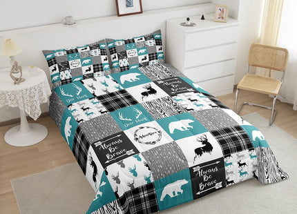 Bear Comforter Set Full Farmhouse Decor,Deer Moose Jungle Wild Animal Western Bedding Set for Girls Boys,Teal Grid Buffalo Checkered Plaid Down Comforter,Tribal Hunting Arrow Cabin Barn Door Quilt